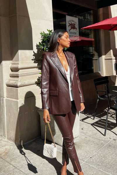 Leather Pants Outfit Idea: Burgundy Belted Leather Blazer +