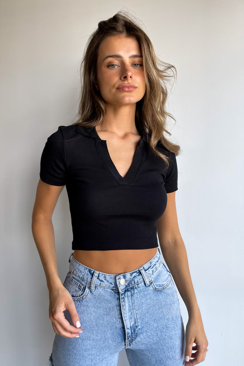 Joelle Polo Crop Tshirt - Black