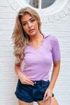 Melody Ribbed Collared Top - Lavender